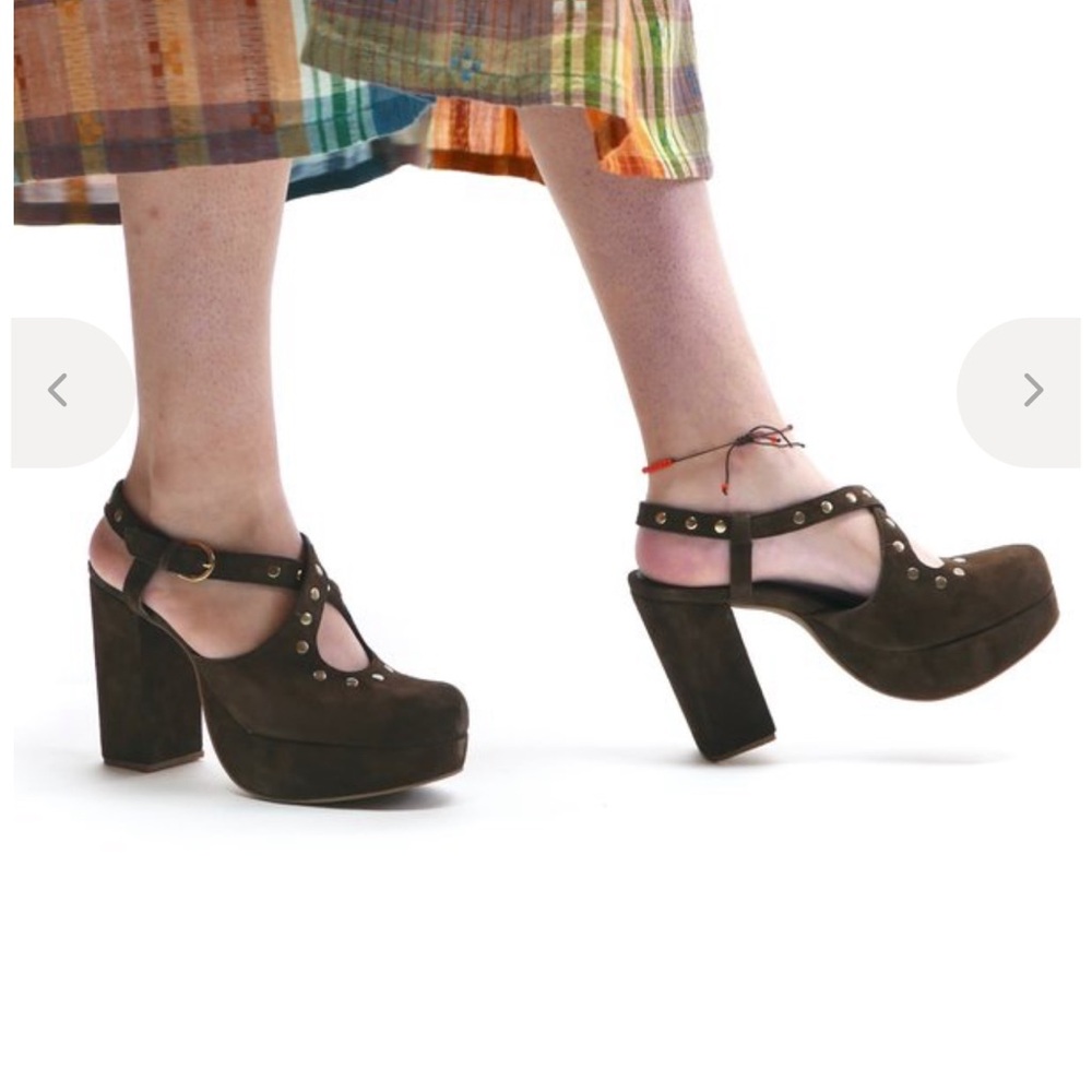 Rachel Comey BALLAST HEEL - Dark Brown Suede Platform Mary Jane Heels w Gold